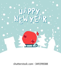 Happy New Year Greeting card with a picture of Christmas bag presents.