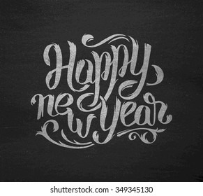 Happy New Year greeting card design template with typography text on black chalkboard vector background