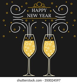 Happy new year greeting card. EPS10 vector. Champagne glasses thin line.