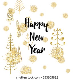 Happy New Year greeting card with gold texture , christmas tree.