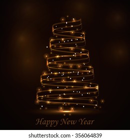 Happy New Year, greeting card. Glowing Christmas tree with snowflakes and stars.