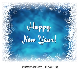 Happy New Year greeting card. Vector textured blue background with frame of white snowflakes. Frozen window effect