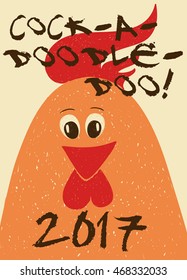 Happy New Year greeting card. Typography poster with funny rooster - symbol of the Chinese New Year.