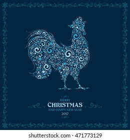 Happy New year greeting card with stylized curly Cockerel, symbol of year 2017