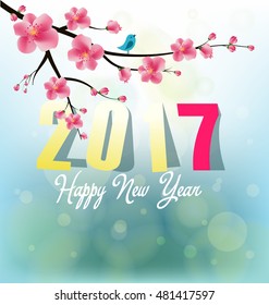 Happy New Year greeting card 2017. Celebration background with flowers