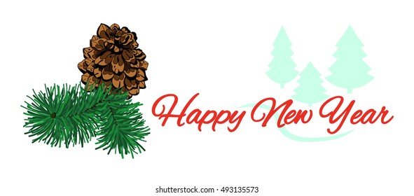 Happy new year greeting card with pine cone and snow trees. Winter holidays design for cards, invitation