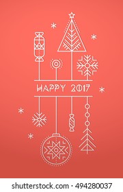 Happy New Year greeting card template with stylized Christmas decorations. Minimalistic line style