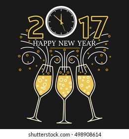 Happy new year greeting card. EPS10 vector. Champagne glasses and clock thin line. Typography greeting, invitation card with clock and text 2017.