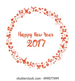 Happy New Year greeting card with white background. Vector Illustration for, print, label, poster, emblem, logo