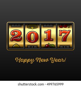 Happy New Year greeting card with slot machine and lucky 2017 figures, casino theme. Vector illustration.