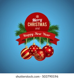 Happy new year greeting card design elements. ribbon with christmas balls,
Vector graphic illustration.