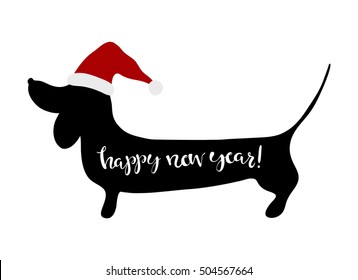 Happy New Year greeting card with dachshund. Hand written lettering Happy New Year. Symbol of 2018.