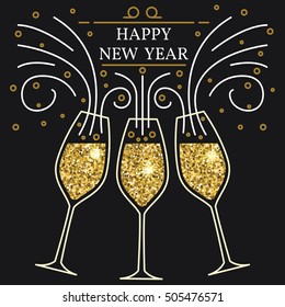 Happy new year greeting card. EPS10 vector. Champagne glasses thin line. Typography design for new year.