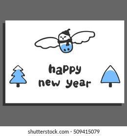 Happy new year greeting card with cute cartoon snowy owl. Hand drawn lettering. Vector doodle bird, text