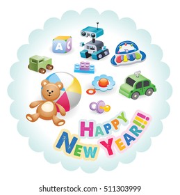 Happy New Year greeting card. A variety of children's toys. Set of different toys for children. Vector illustration.