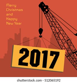 Happy New Year greeting card - crane at work, vector illustration