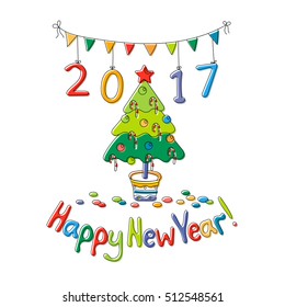 Happy New Year greeting card with fir. Cartoon style. Hand draw vector illustration. Bright colors