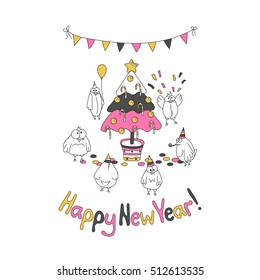 Happy New Year greeting card with cartoon funny birds. Hand draw vector illustration. Trendy colors. Glitter gold, pink gray.