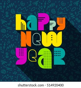 Happy New Year greeting card,  80's, 90's old style vector illustration. Modern Holiday postcard with calligraphic text. Modern graphic banner and poster template easy editable for Your deign.