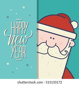 Happy New Year greeting card with Santa Claus and handwritten element. Vector illustration.