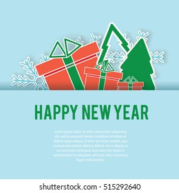 Happy New Year greeting card. Paper craft banner with spruce trees, presents, gift boxes and snowflakes. Design template, vector background with place for your text