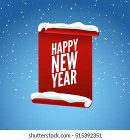 Happy New Year greeting card. Red curved paper banner on winter blue background with snow and snowflakes. Vector illustration