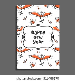 Happy new year greeting card with phoenix and flames. Cute cartoon vector childish pattern on white background