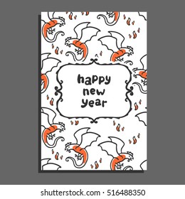 Happy new year greeting card with basilisk and flames. Cute cartoon vector childish pattern on white background