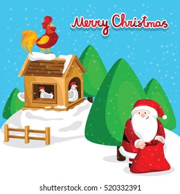 Happy new year greeting card with Santa Claus and rooster on chicken coop vector illustration. Santa full red sack. Light decoration, garland. Winter background with christmas tree. Year of red cock