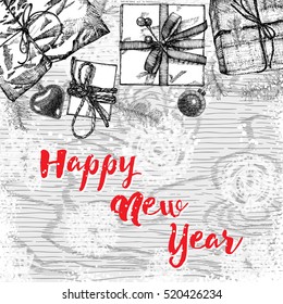Happy New Year. Greeting card with calligraphy. Hand drawn design elements with hand written modern brush lettering. Vector.