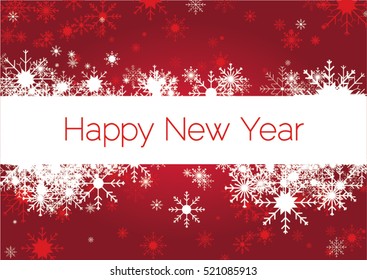 Happy new year greeting card. Abstract red winter background with falling snowflakes.