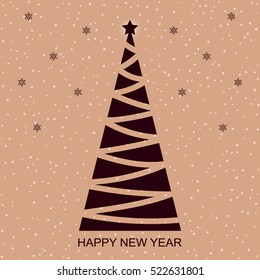 Happy New Year greeting card decorated with brown spruce shapes and snowflakes isolated on the light brown background. Vector illustration.

