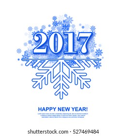 Happy New Year Greeting Card with Numbers 2017 on White Background. Vector Illustration with Scattered Blue Snowflakes.