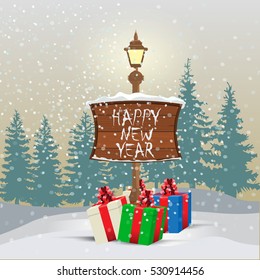 Happy New Year greeting card background. Winter forest background in the morning with present box and empty wood board.