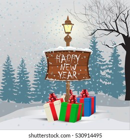 Happy New Year greeting card background. Winter forest background in the morning with present box and wood board.