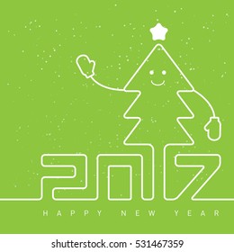 Happy New Year greeting card with smiling Christmas tree in mittens, green vector background