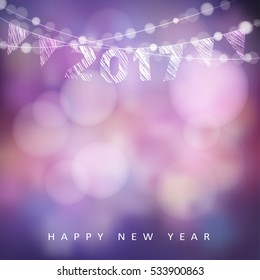Happy new year greeting card with 2017, glittering lights and party flags. Modern blurred vector illustration background
