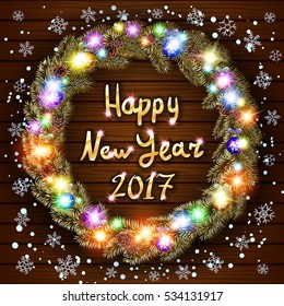 Happy New Year greeting card with Best Wishes congratulations. Vector Santa gift bag and hat, mittens, christmas stocking, poinsettia flower, gingerbread man, stars and bells on wooden background