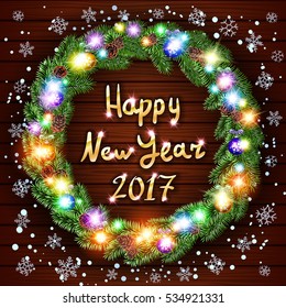 Happy New Year greeting card with Best Wishes congratulations. Vector Santa gift bag and hat, mittens, christmas stocking, poinsettia flower, gingerbread man, stars and bells on wooden background