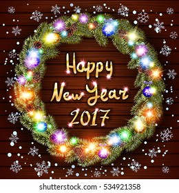 Happy New Year greeting card with Best Wishes congratulations. Vector Santa gift bag and hat, mittens, christmas stocking, poinsettia flower, gingerbread man, stars and bells on wooden background