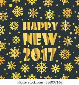 Happy new year greeting card. Different golden vector snowflakes illustration. New 
year card design layout