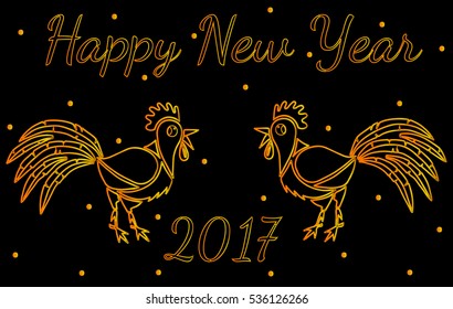 Happy New Year greeting card with two gold Rooster on black background. 