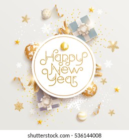 Happy New Year greeting card with gifts, balls and snowflake