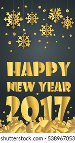 Happy new year greeting card. Different golden vector snowflakes illustration. New 
year card design layout