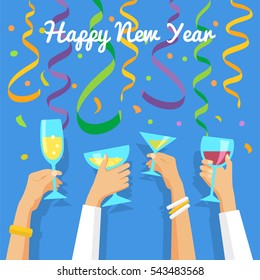 Happy New Year greeting card with people toasting champagne, confetti and streamers, vector illustration