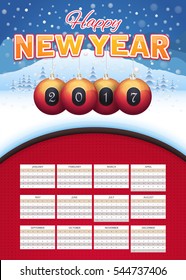 Happy New Year Greeting Card Design with Christmas Landscape, Winter Background, Snowflakes Hills and Snow Illustration 2017 Full Calendar Template, Promotion Poster Vector Design - Week Starts Sunday