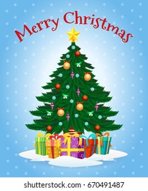 Happy new year greeting card in vintage style with cartoon christmas tree with gifts and star vector illustration