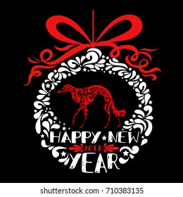 Happy new year greeting card. Christmas ball with Oriental zodiac symbol red greyhound dog silhouette. 2018 Year of Dog greeting card, print and poster.