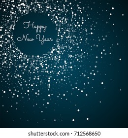 Happy New Year greeting card. Random falling white dots background. Random falling white dots on blue background. Beautiful vector illustration.