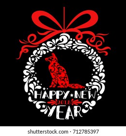 Happy new year greeting card. Christmas ball with Oriental zodiac symbol red dog Sheepdog silhouette. 2018 Year of Dog greeting card, print and poster.